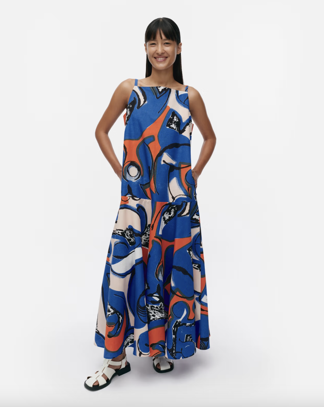 Marimekko | Antra Eldfamn Cotton Linen Dress | Blue, Peach, Orange